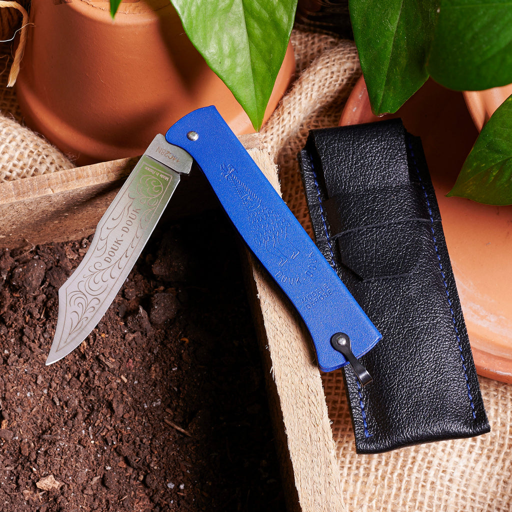 Greenhaus Gardening Folding Knife with Blue Steel Handle & Leather Sheath