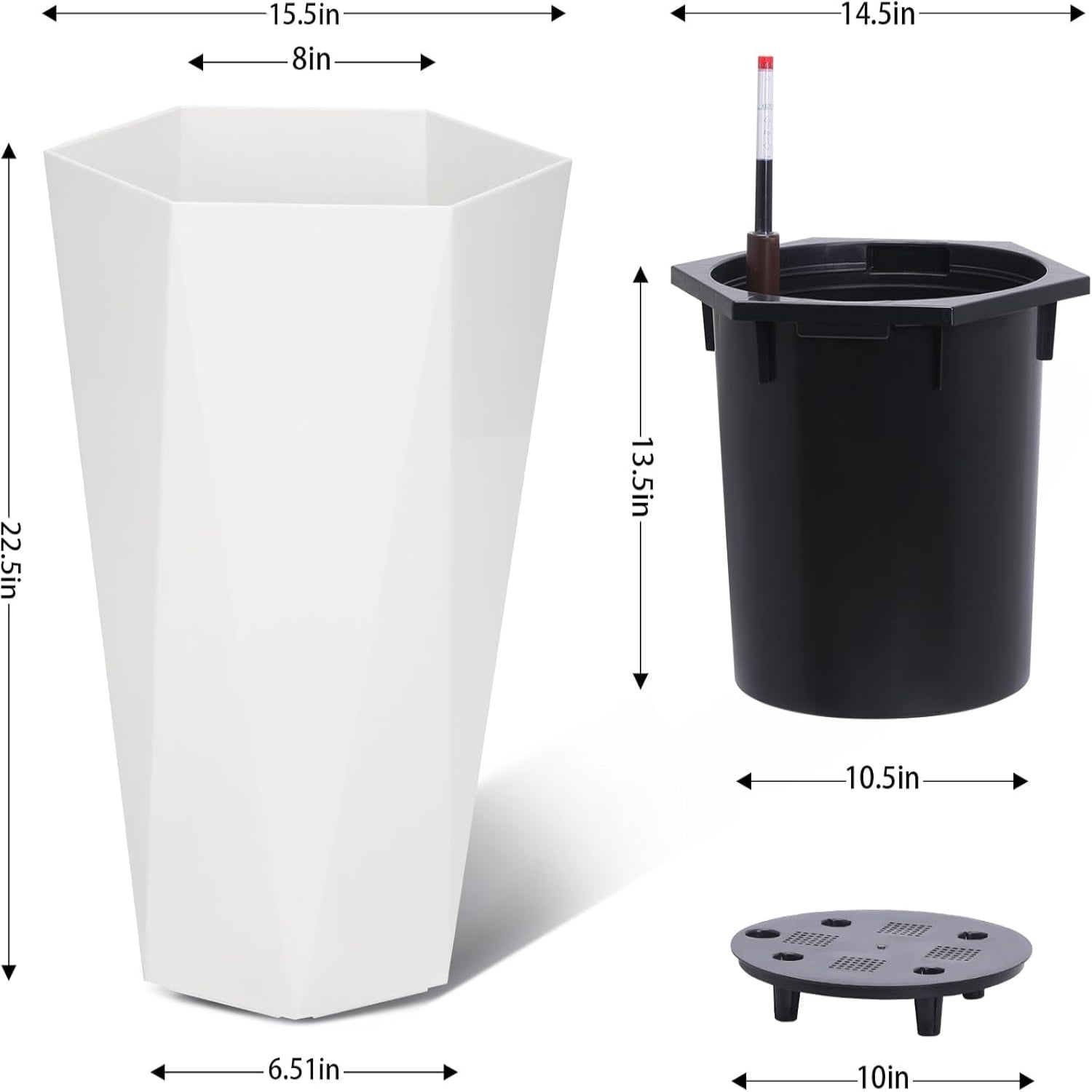 Greenhaus Gardening Large Indoor Outdoor Tall Planter Set with Water Level Monitor