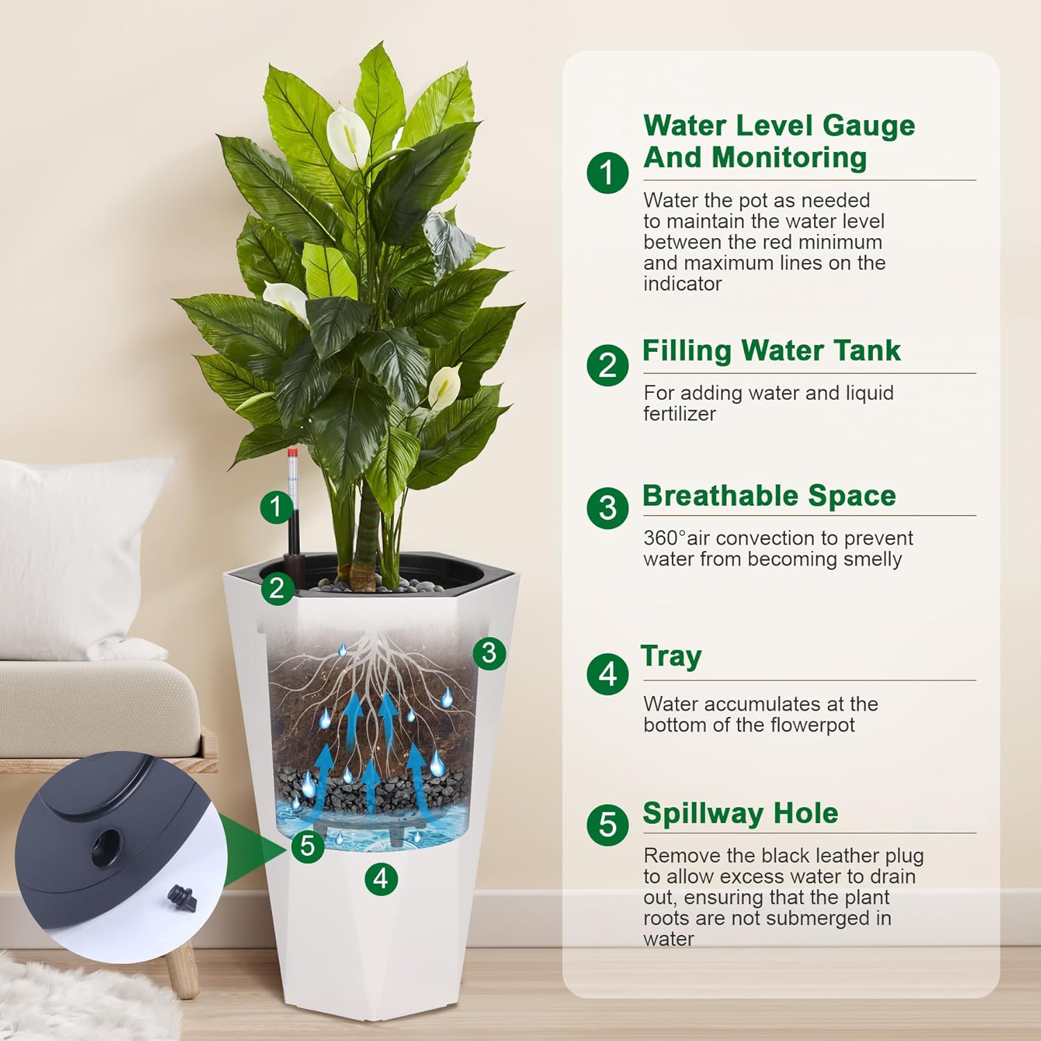 Greenhaus Gardening Large Indoor Outdoor Tall Planter Set with Water Level Monitor
