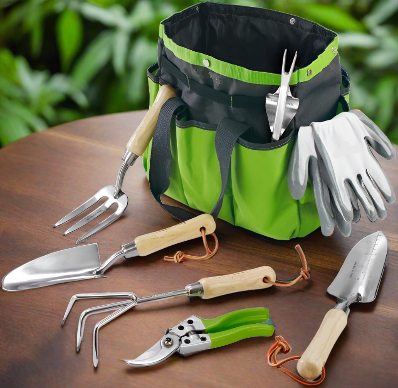 Greenhaus Gardening Garden Tools Set with Wooden Handles and Gloves