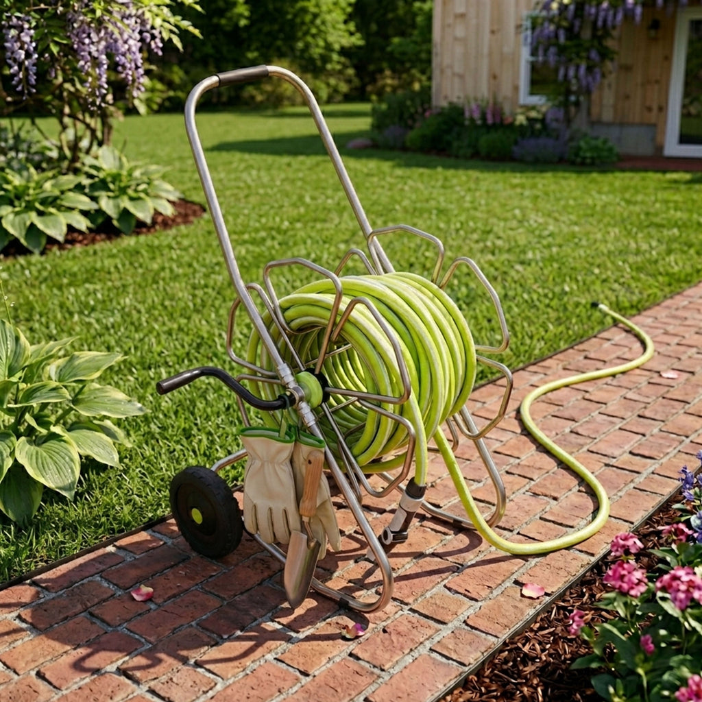 Greenhaus Gardening Hose Reel Cart with Smooth Crank Rewind System