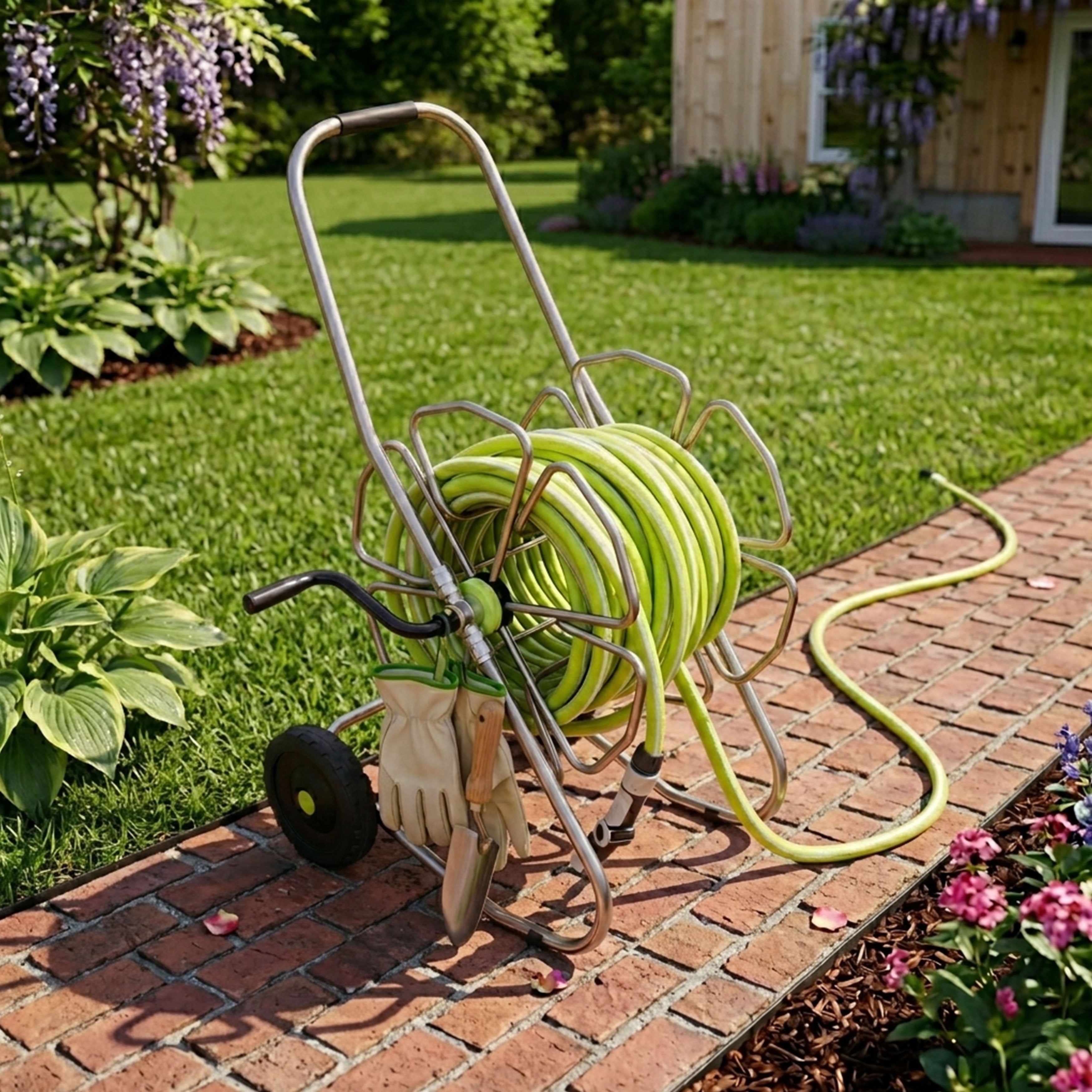 Greenhaus Gardening Hose Reel Cart with Smooth Crank Rewind System