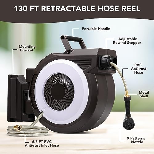 Greenhaus Gardening 100 ft Retractable Garden Hose Reel with Auto Rewind & 9-Pattern Nozzle