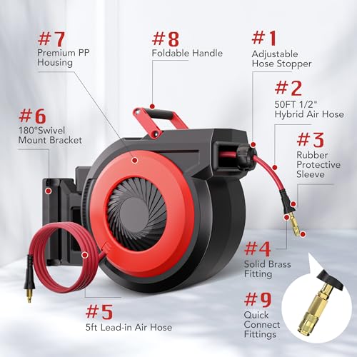 Greenhaus Gardening 1/2 in × 50 ft Retractable Air Hose Reel with Auto Rewind
