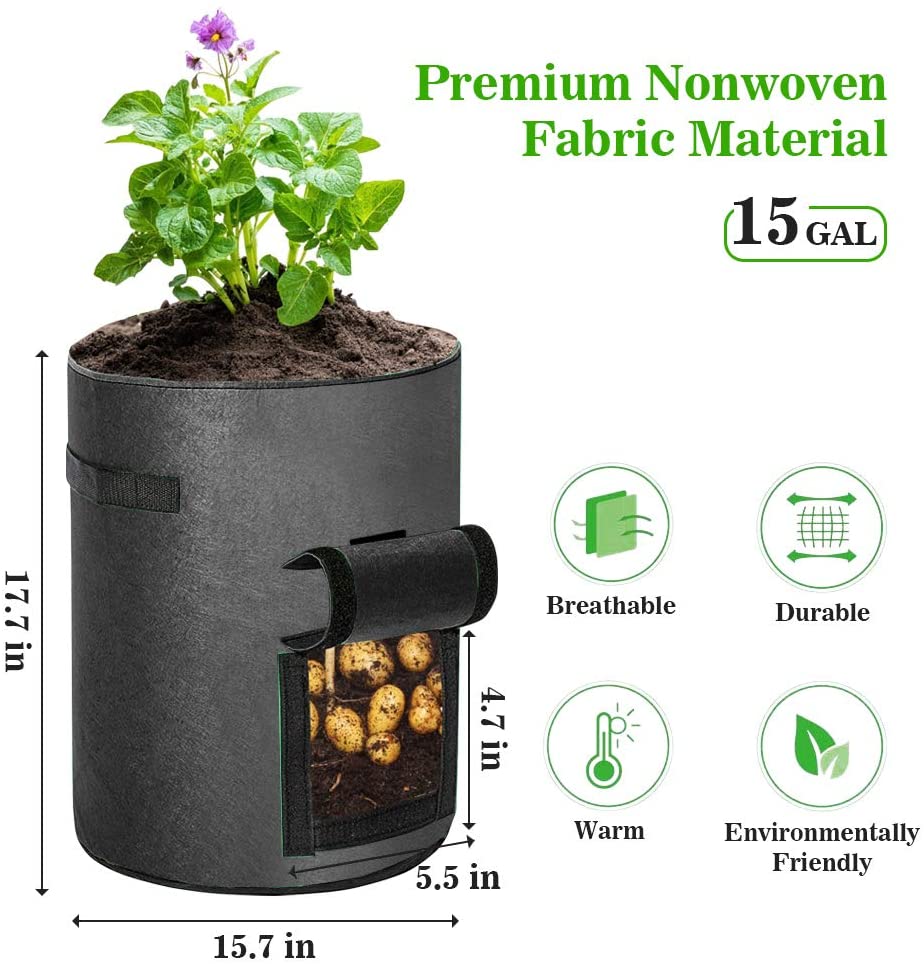 Greenhaus Gardening Black Non-Woven Grow Bags with Harvest Access Window