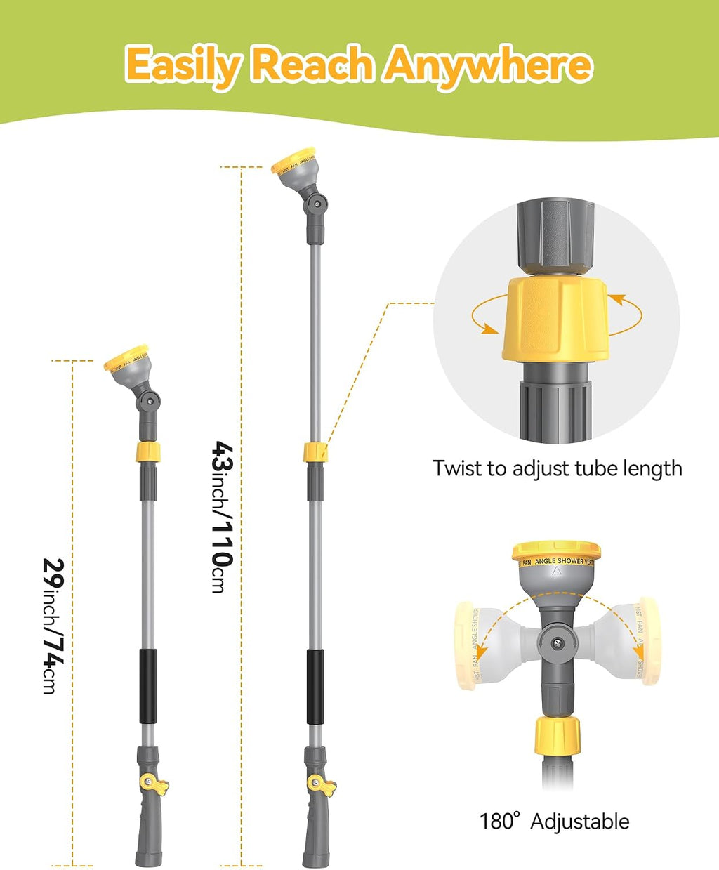Greenhaus Gardening Adjustable Garden Hose Watering Wand with 180° Swivel Head