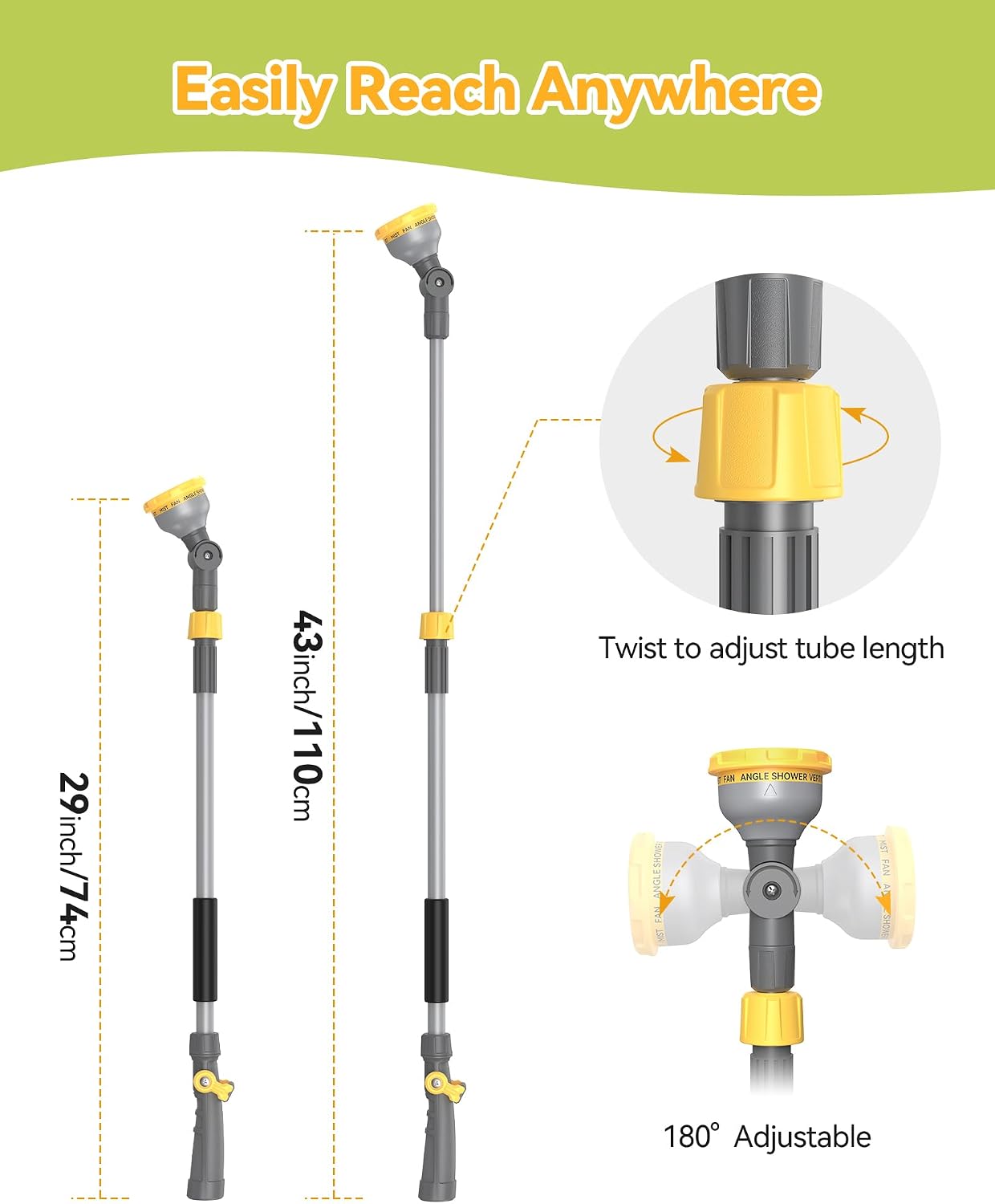 Greenhaus Gardening Adjustable Garden Hose Watering Wand with 180° Swivel Head