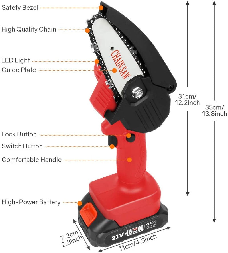 Greenhaus Gardening Handheld Mini Chainsaw for Tree Pruning and Wood Cutting