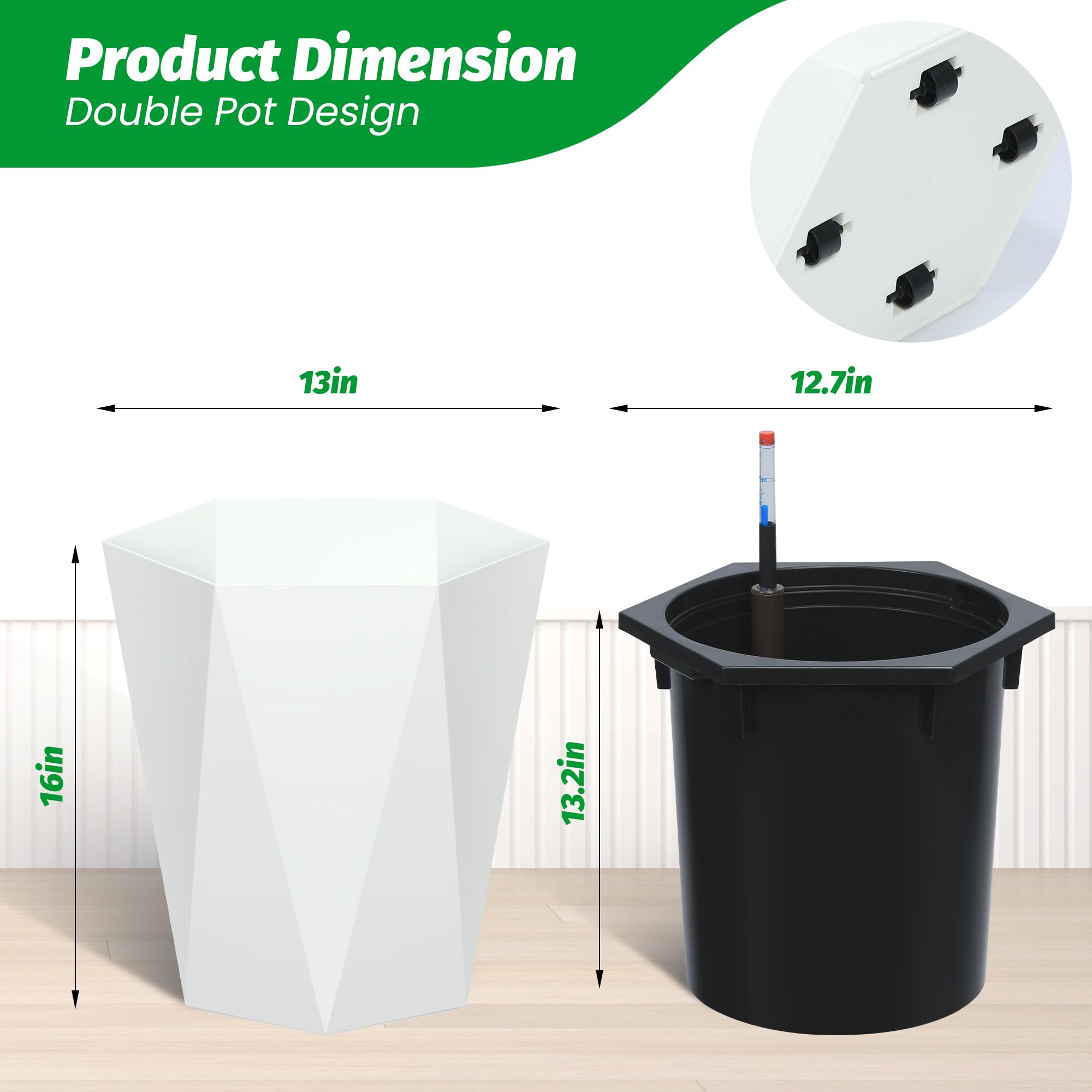 Greenhaus Gardening 16-Inch White Diamond Self-Watering Planters Set of 2