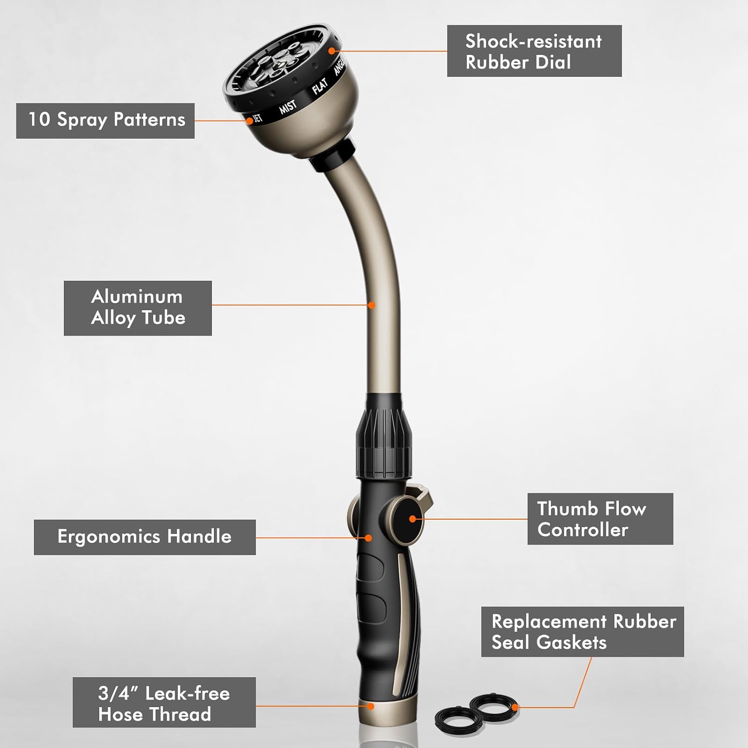 Greenhaus Gardening Heavy Duty 15" Metal Watering Wand with 10 Spray Patterns & Thumb Control