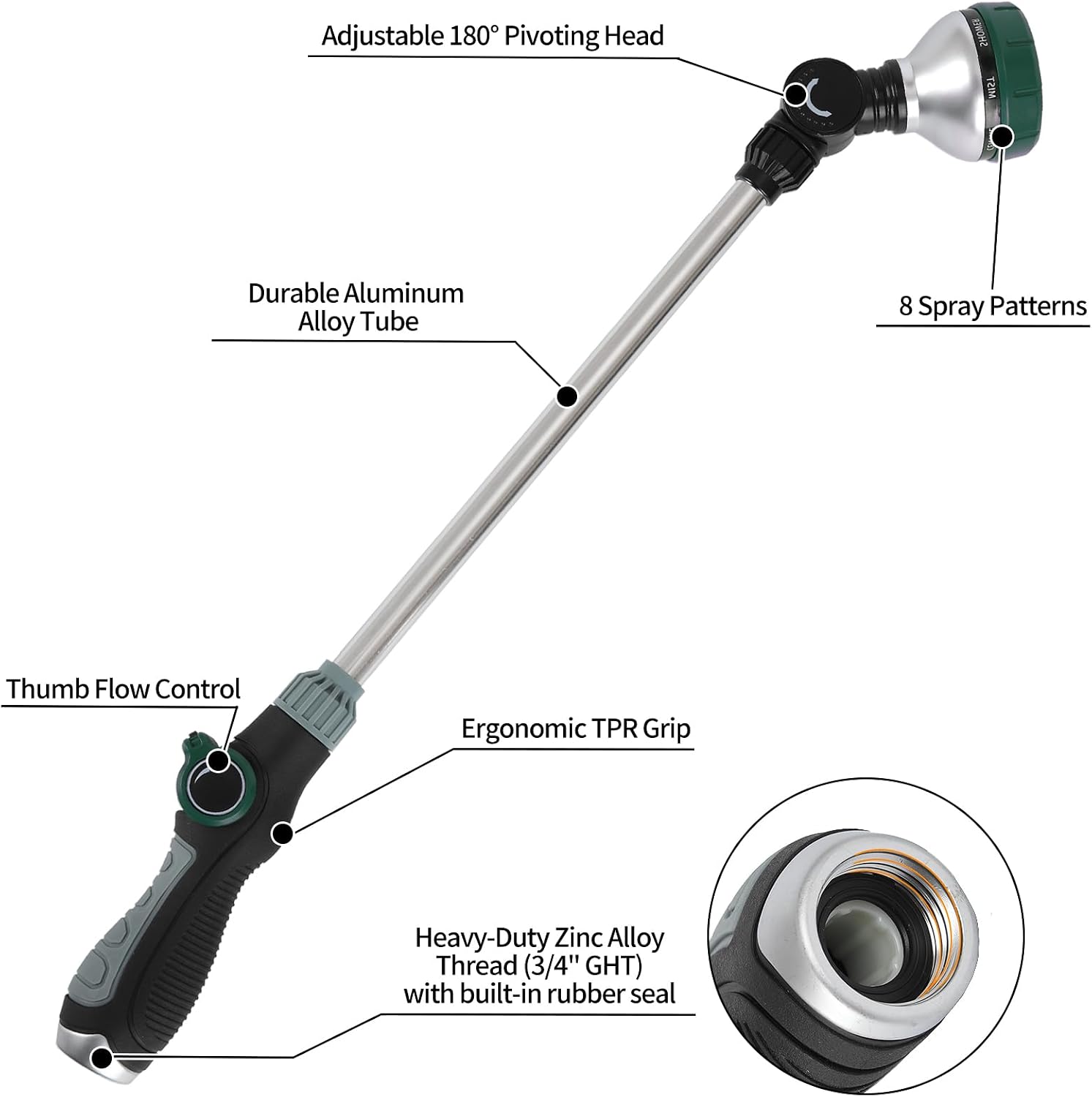 Greenhaus Gardening 24-Inch Watering Wand with 8 Spray Patterns & Pivoting Head