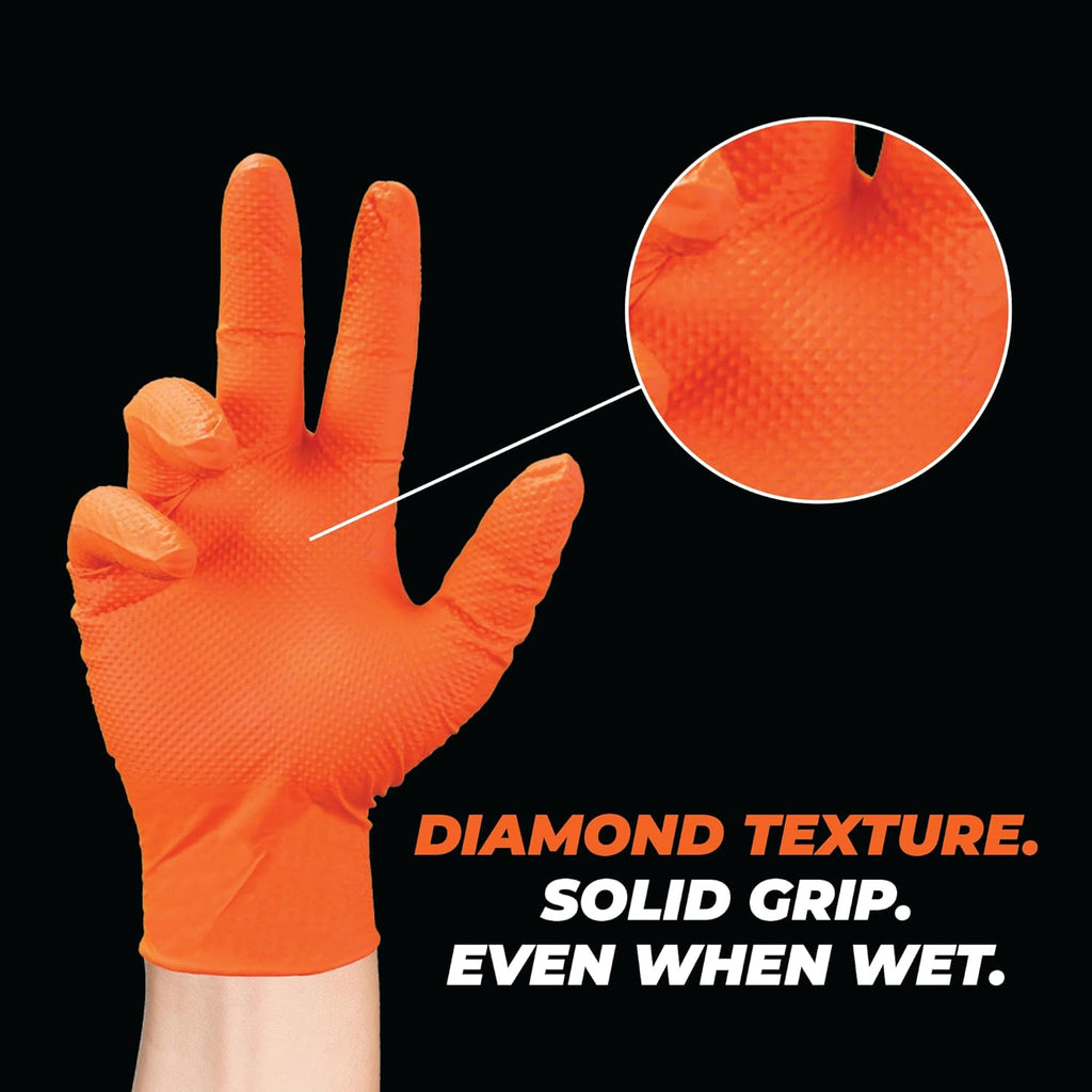 Greenhaus Gardening Industrial Orange Nitrile Gloves with Raised Diamond Grip, 8 Mil
