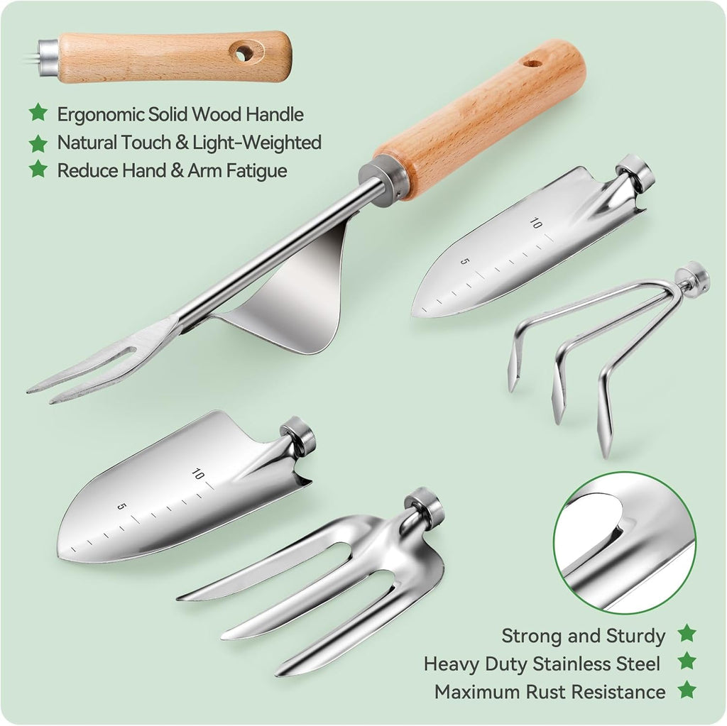 Greenhaus Gardening Premium Stainless Steel Garden Tool Set with Floral Tote & Wooden Handles