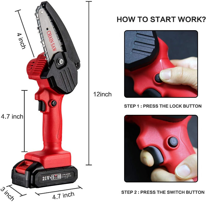 Greenhaus Gardening Handheld Mini Chainsaw for Tree Pruning and Wood Cutting