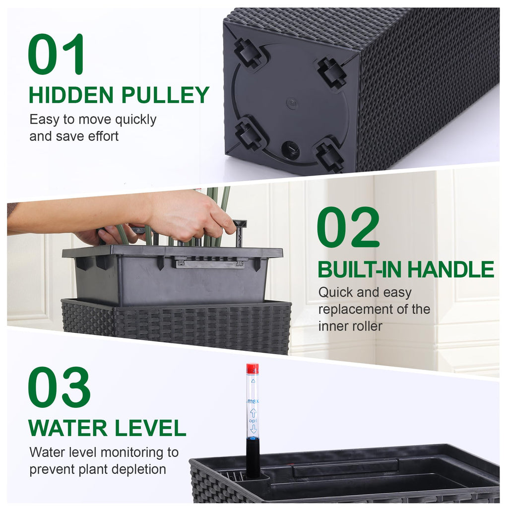 Greenhaus Gardening 23-Inch Black Rattan Self-Watering Planters Set of 2
