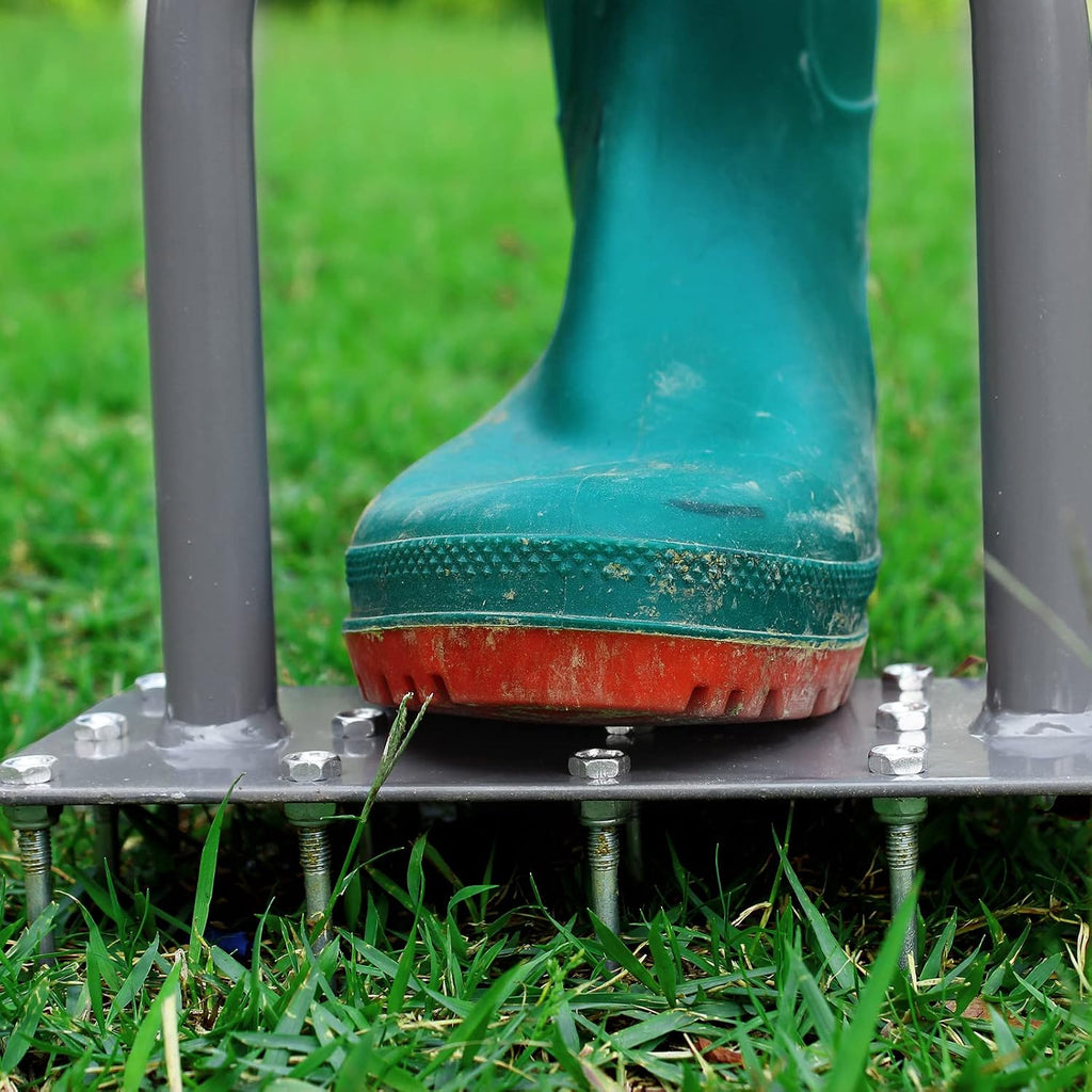 Greenhaus Gardening Manual Lawn Aerator with 15 Iron Spikes and Cushioned T-Handle