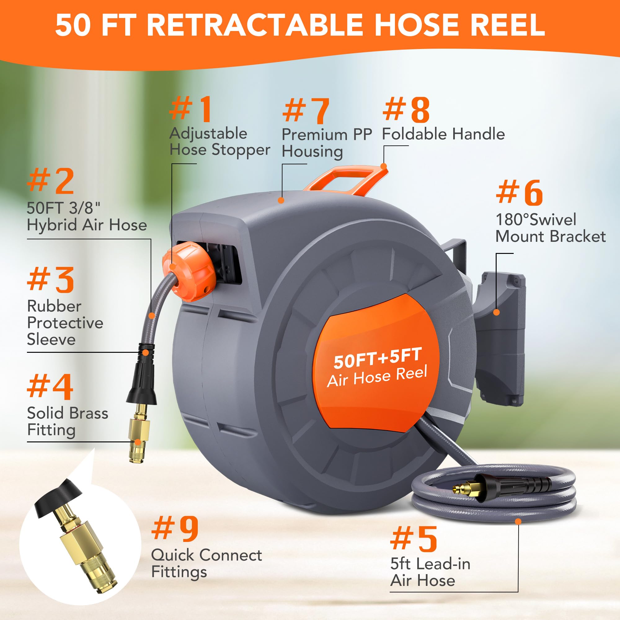 Greenhaus Gardening 50 ft Retractable Air Hose Reel with Auto Rewind & 180° Swivel Bracket