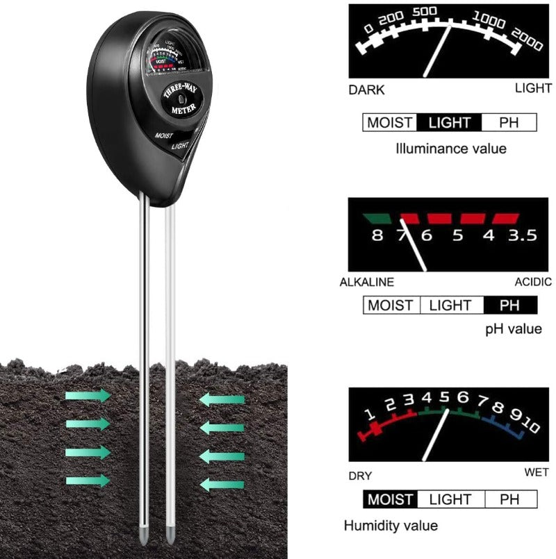 Greenhaus Gardening 3-in-1 Soil Moisture Meter with pH and Light Tester
