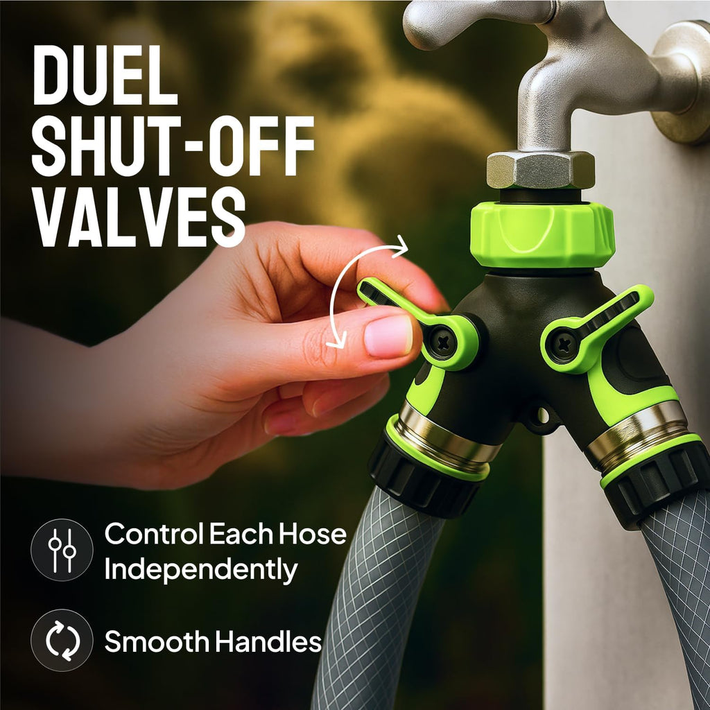 Greenhaus Gardening Heavy Duty 2-Way Garden Hose Splitter with Dual Shut-Off Valves
