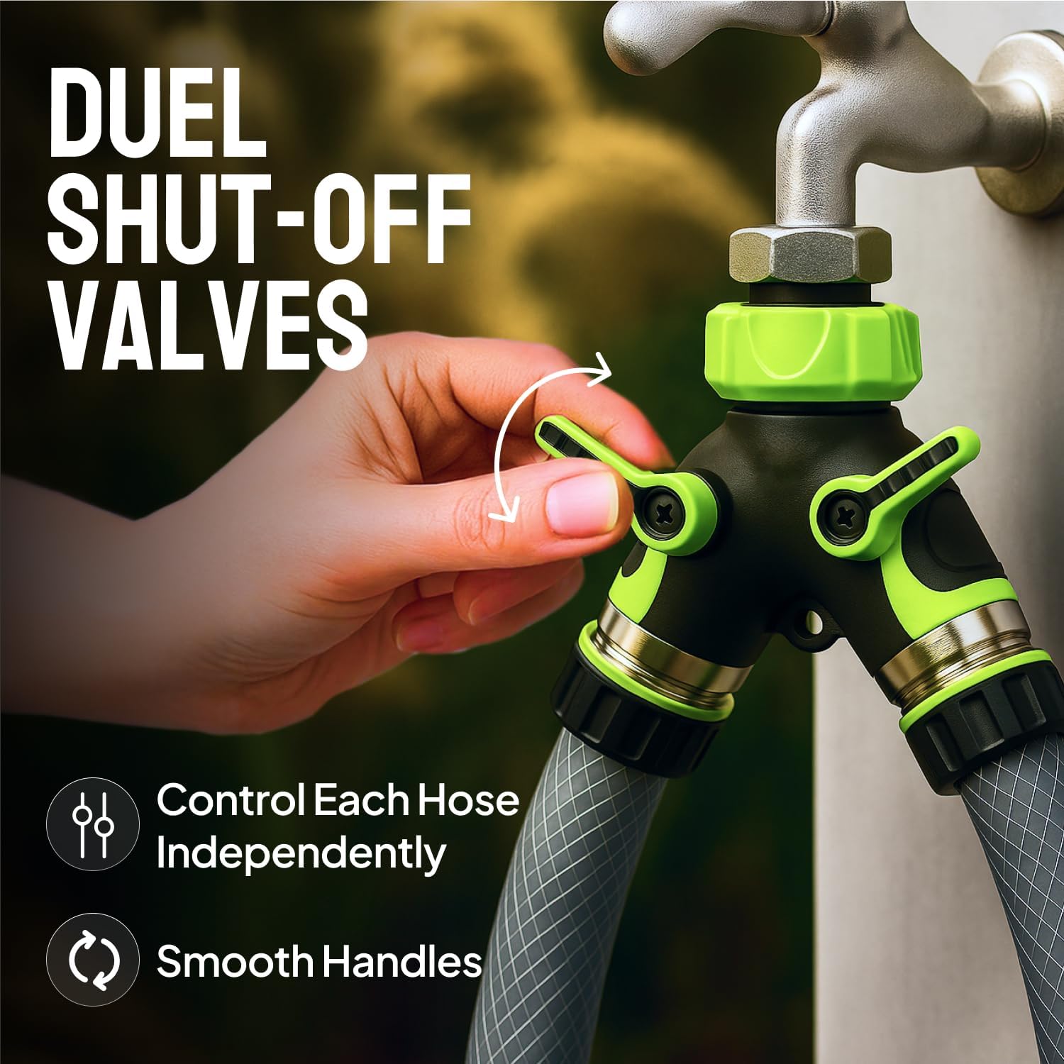 Greenhaus Gardening Heavy Duty 2-Way Garden Hose Splitter with Dual Shut-Off Valves