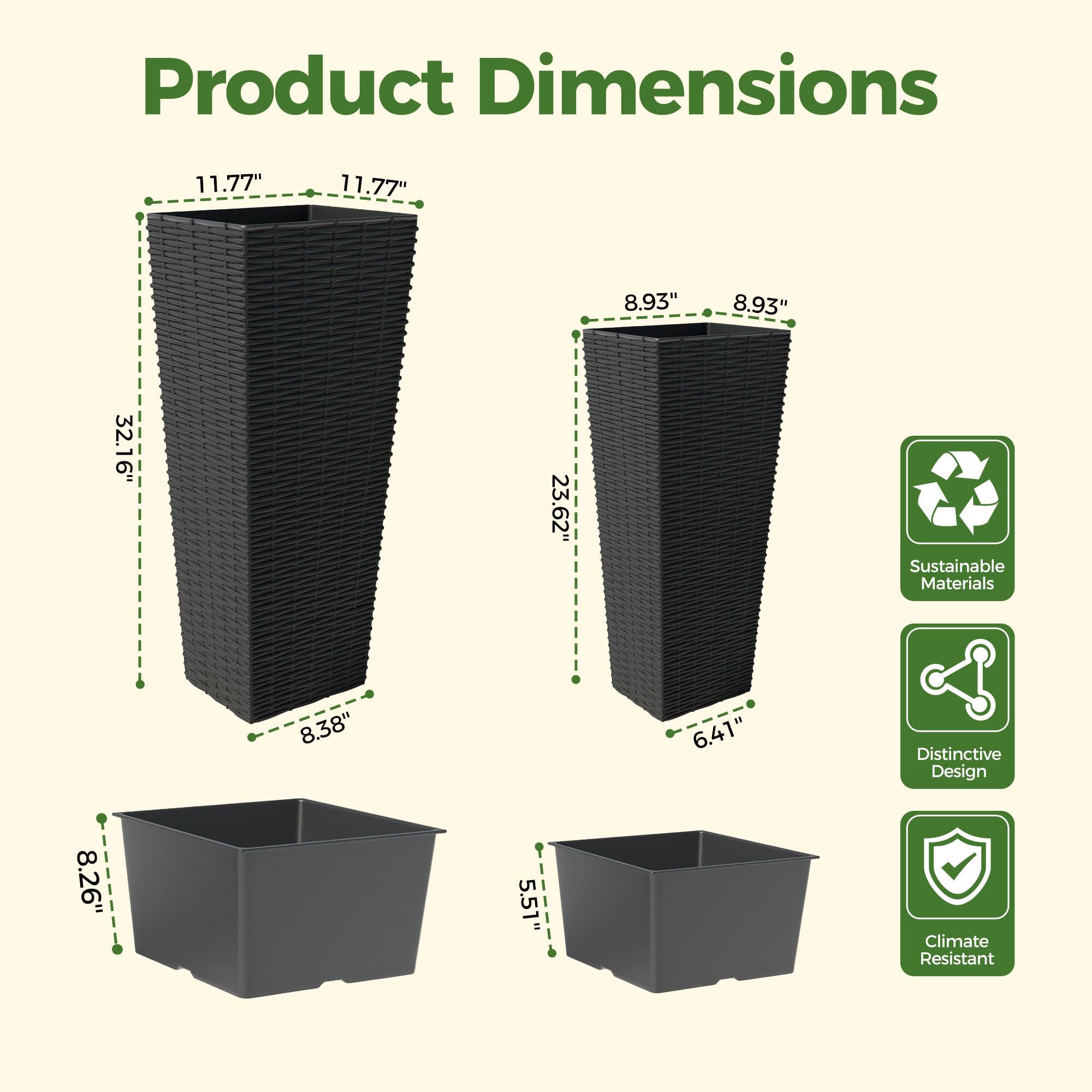 Greenhaus Gardening Tall Rattan Planters Set with Removable Insert Buckets Set of 2