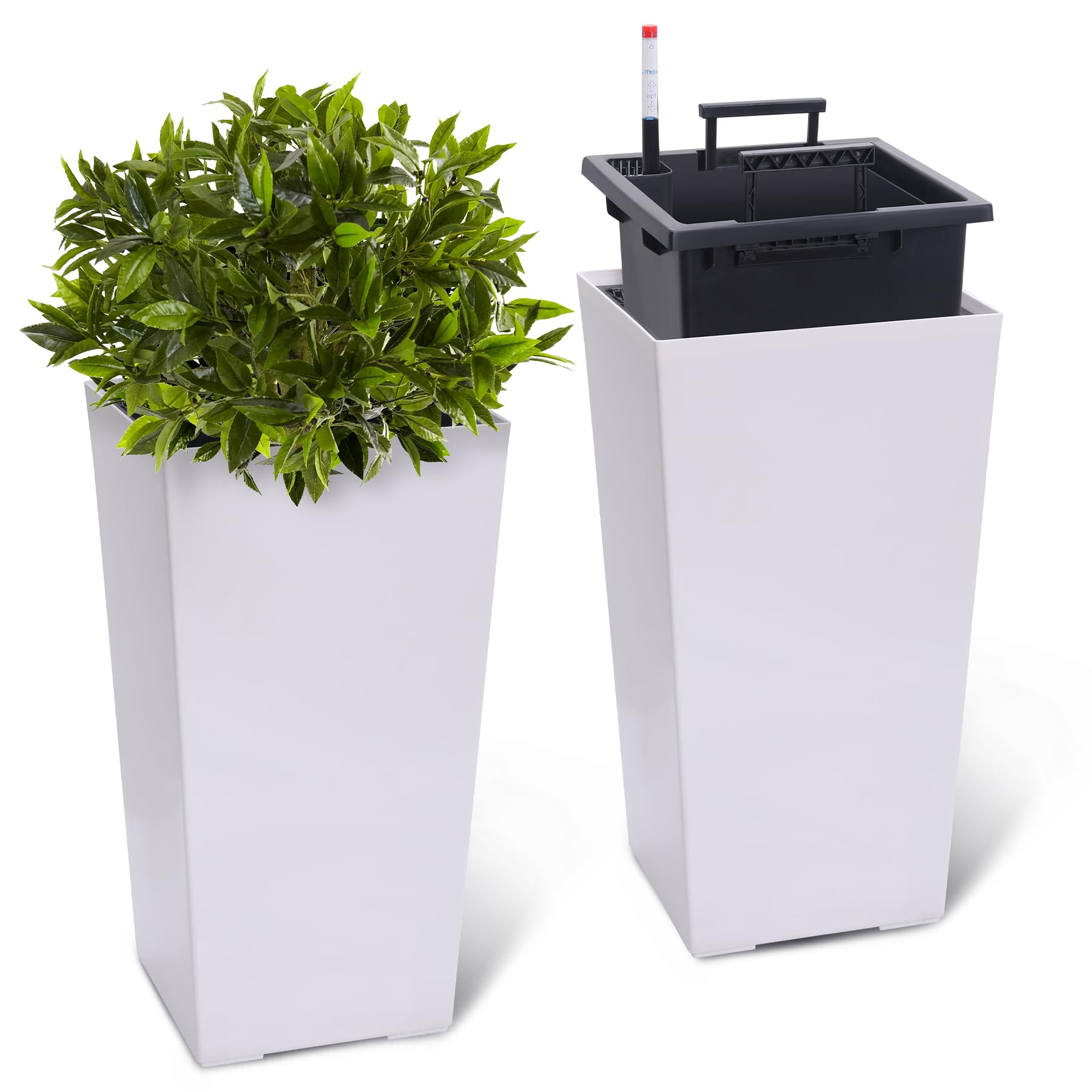 Greenhaus Gardening 23-Inch White Self-Watering Tall Planters Set of 2