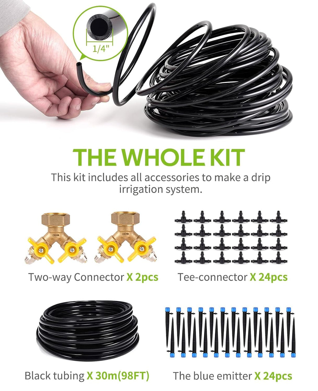 Greenhaus Gardening Complete Drip Irrigation System Kit with Adjustable Emitters, Brass Splitter & Flexible Tubing
