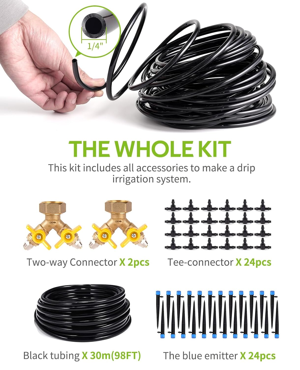 Greenhaus Gardening Complete Drip Irrigation System Kit with Adjustable Emitters, Brass Splitter & Flexible Tubing
