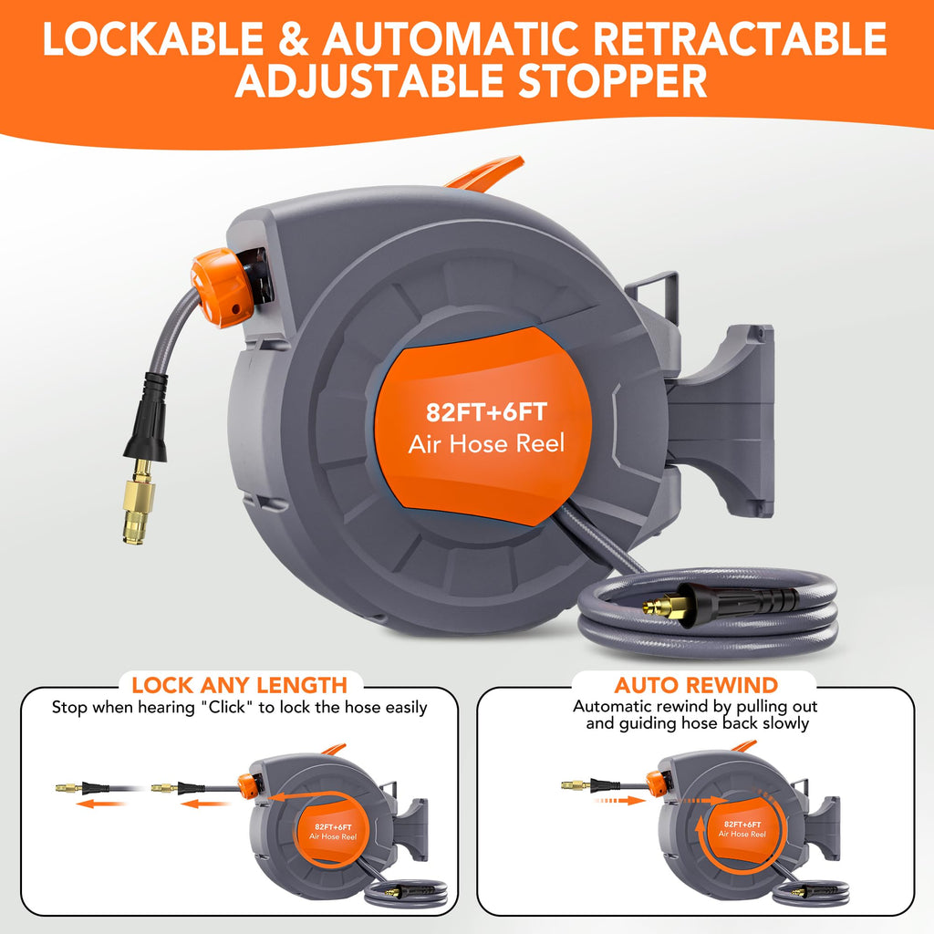 Greenhaus Gardening 82 ft Retractable Air Hose Reel with Auto Rewind & 180° Swivel Bracket