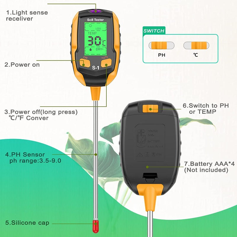 Greenhaus Gardening Plant Soil Tester with Backlit LCD Display