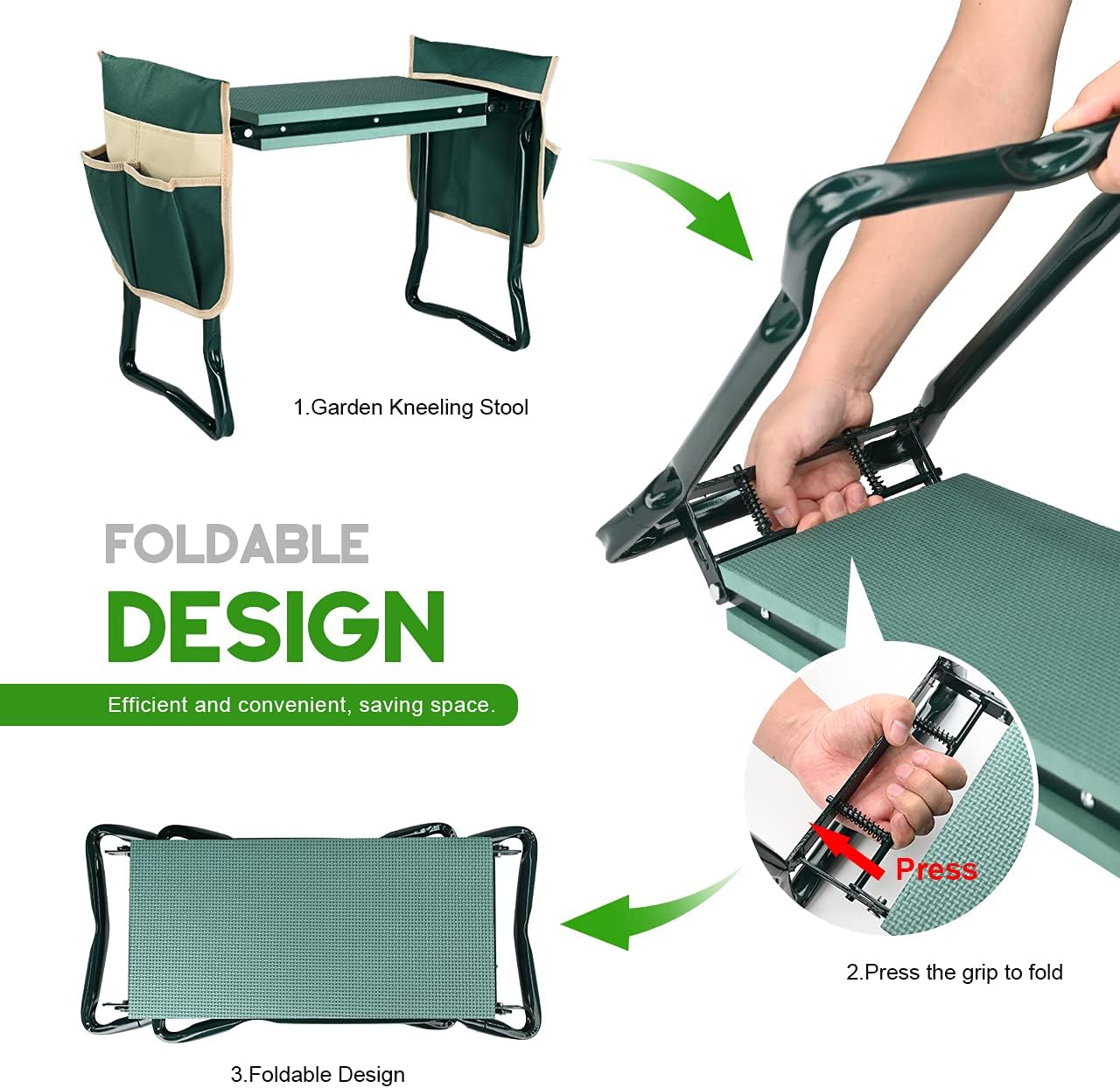 Greenhaus Gardening Foldable Garden Kneeler & Seat with Extra-Wide EVA Pad and Dual Tool Pouches