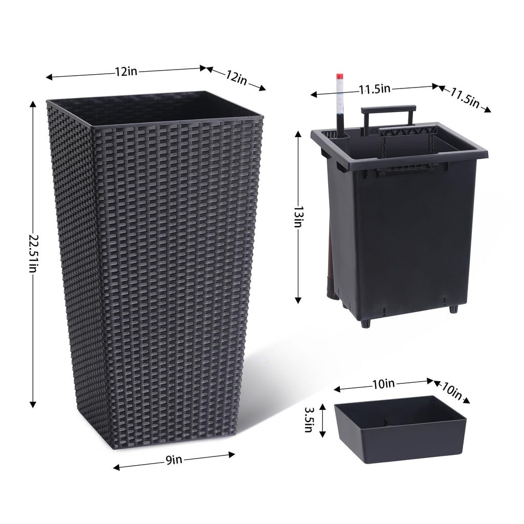 Greenhaus Gardening 23-Inch Black Rattan Self-Watering Planters Set of 2