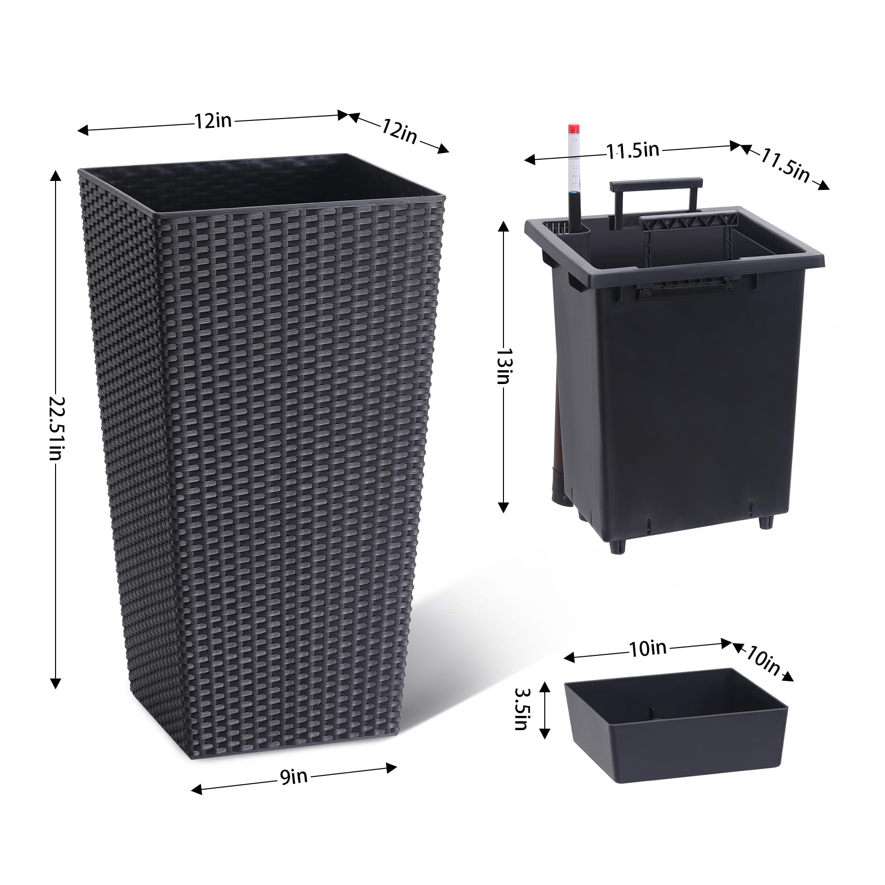 Greenhaus Gardening 23-Inch Black Rattan Self-Watering Planters Set of 2