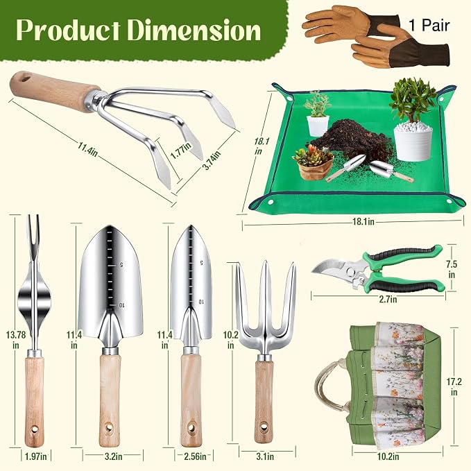 Greenhaus Gardening Premium 9-Piece Stainless Steel Garden Tool Set with Floral Tote, Gift Box & Repotting Mat