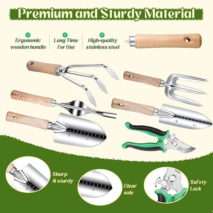 Greenhaus Gardening Premium 9-Piece Stainless Steel Garden Tool Set with Floral Tote, Gift Box & Repotting Mat