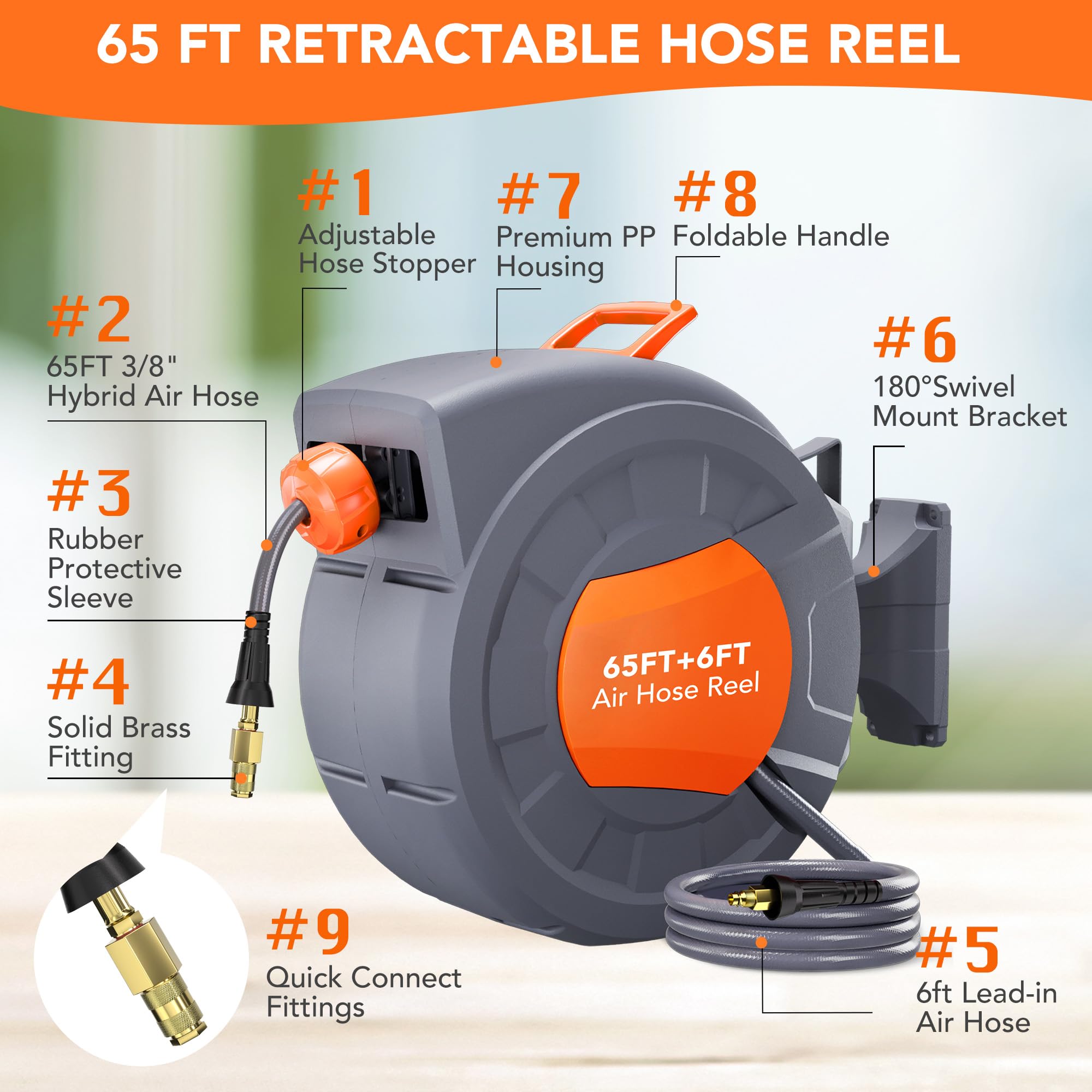 Greenhaus Gardening 65 ft Retractable Air Hose Reel with Auto Rewind & 180° Swivel Bracket