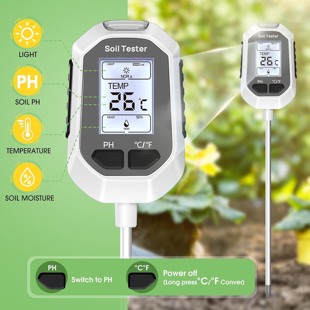 Greenhaus Gardening 4-in-1 Digital Soil Tester with LCD Display, pH, Moisture, Temperature & Light Meter