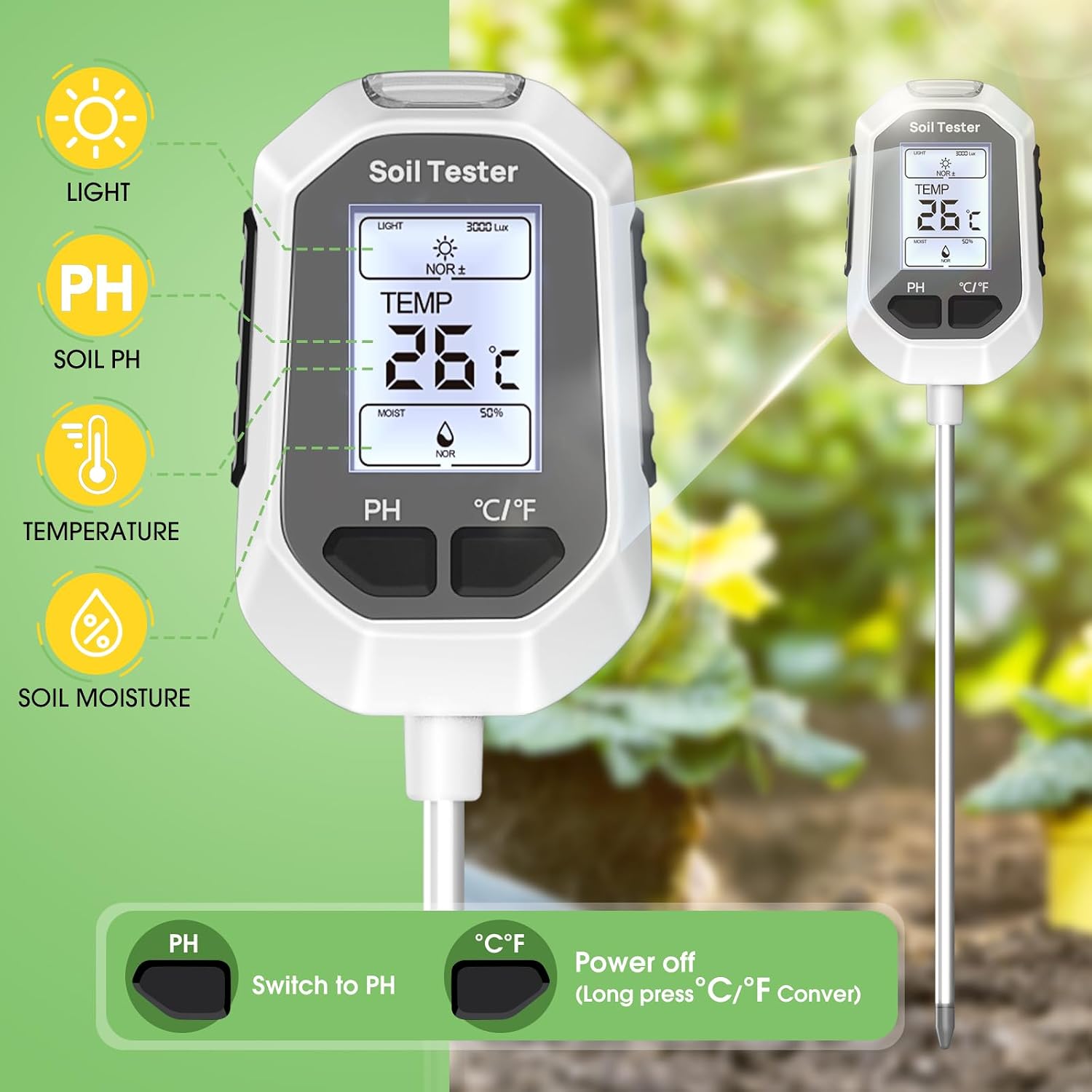 Greenhaus Gardening 4-in-1 Digital Soil Tester with LCD Display, pH, Moisture, Temperature & Light Meter