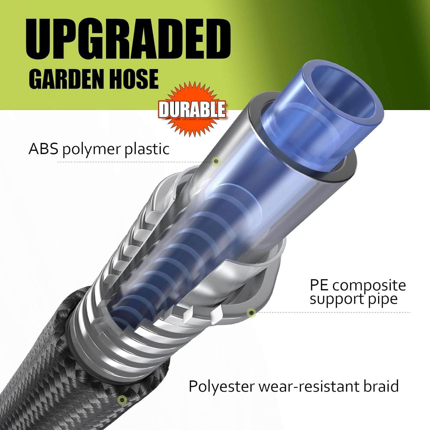 Greenhaus Gardening Lightweight Non-Expanding Garden Hose with 10-Pattern Spray Nozzle, 50 FT