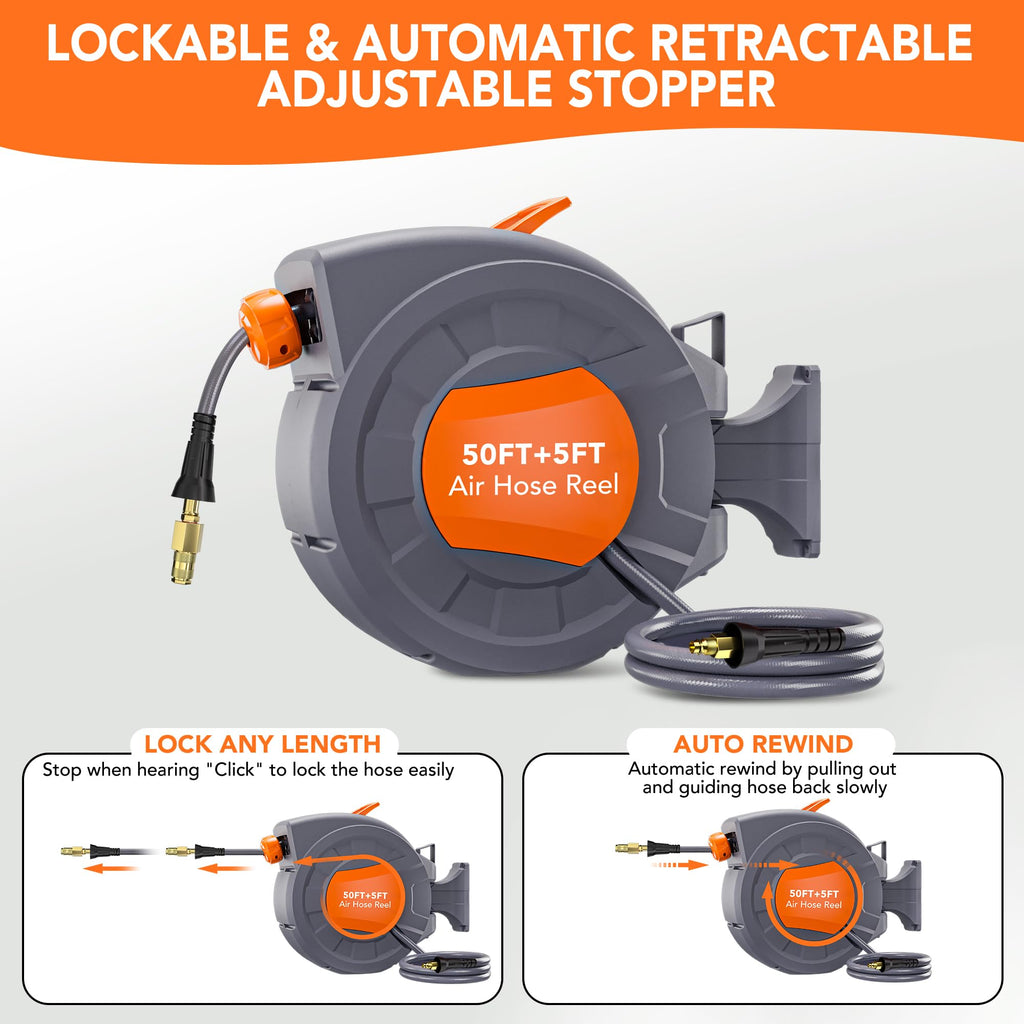 Greenhaus Gardening 50 ft Retractable Air Hose Reel with Auto Rewind & 180° Swivel Bracket