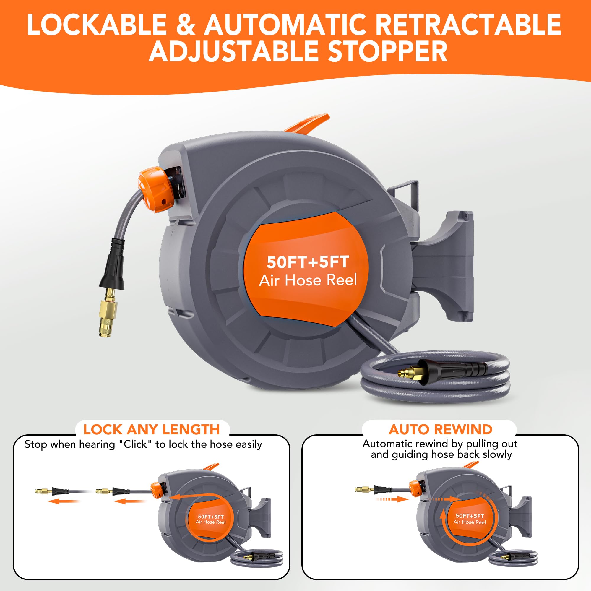 Greenhaus Gardening 50 ft Retractable Air Hose Reel with Auto Rewind & 180° Swivel Bracket