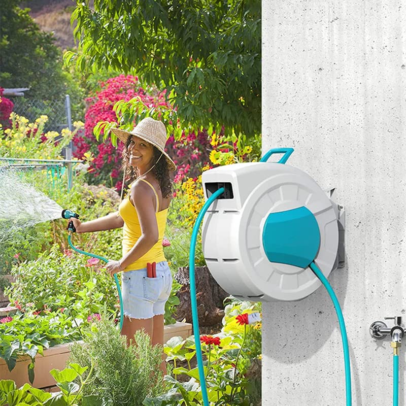Greenhaus Gardening 100 ft Retractable Hose Reel with Auto Lock & 9-Pattern Nozzle