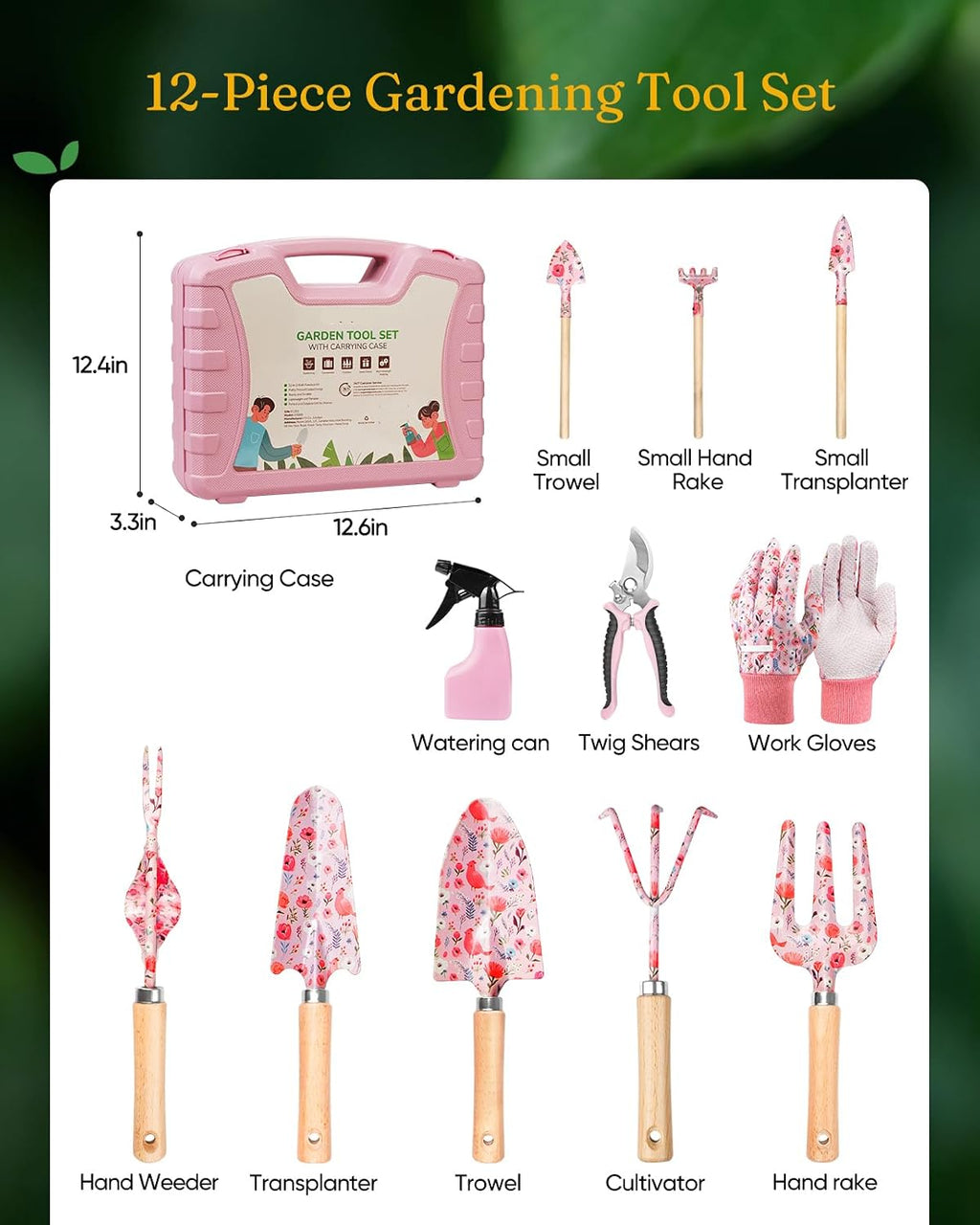 Greenhaus Gardening Premium 12-Piece Floral Garden Tool Set with Hard Carry Case and Wooden Handles