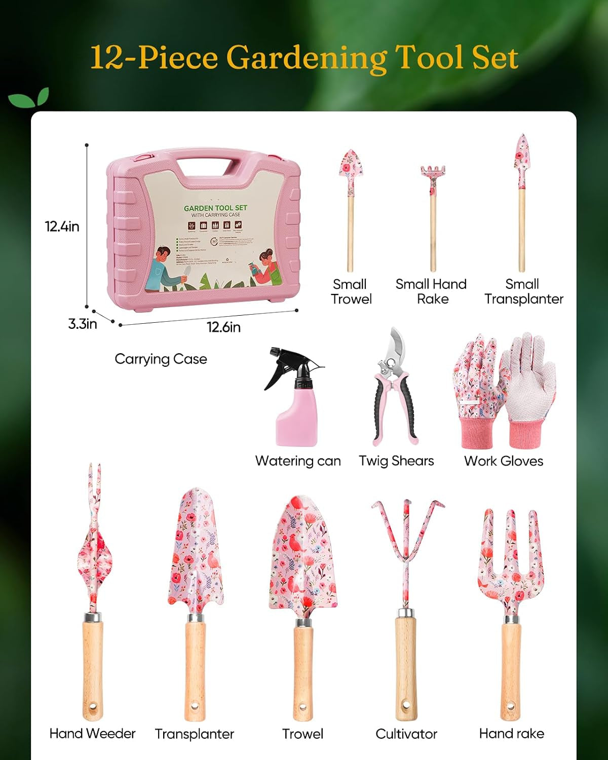 Greenhaus Gardening Premium 12-Piece Floral Garden Tool Set with Hard Carry Case and Wooden Handles