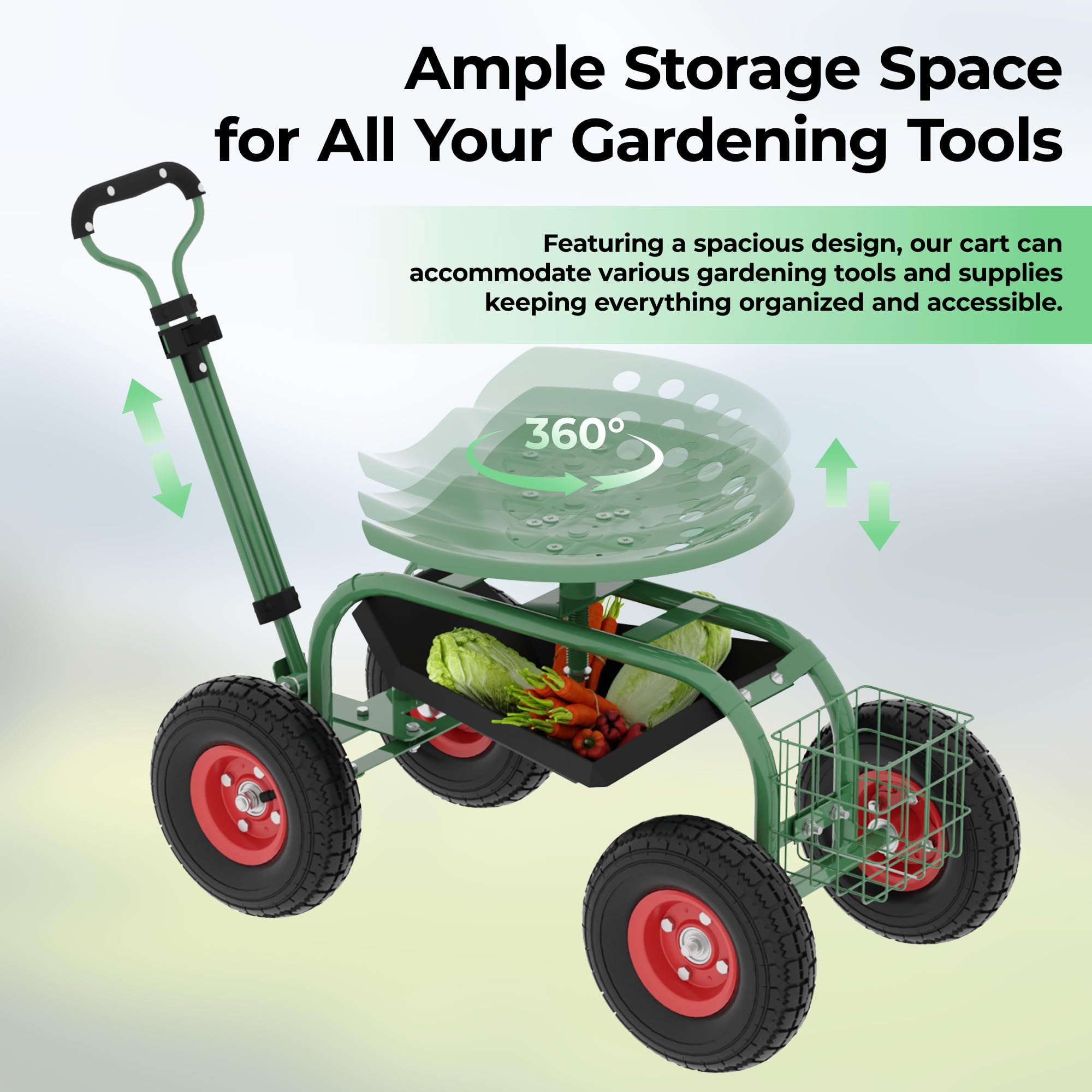 Greenhaus Gardening Garden Utility Cart with 360° Rotating Seat