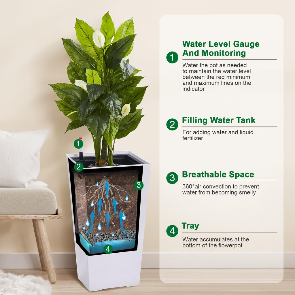 Greenhaus Gardening 23-Inch White Self-Watering Tall Planters Set of 2