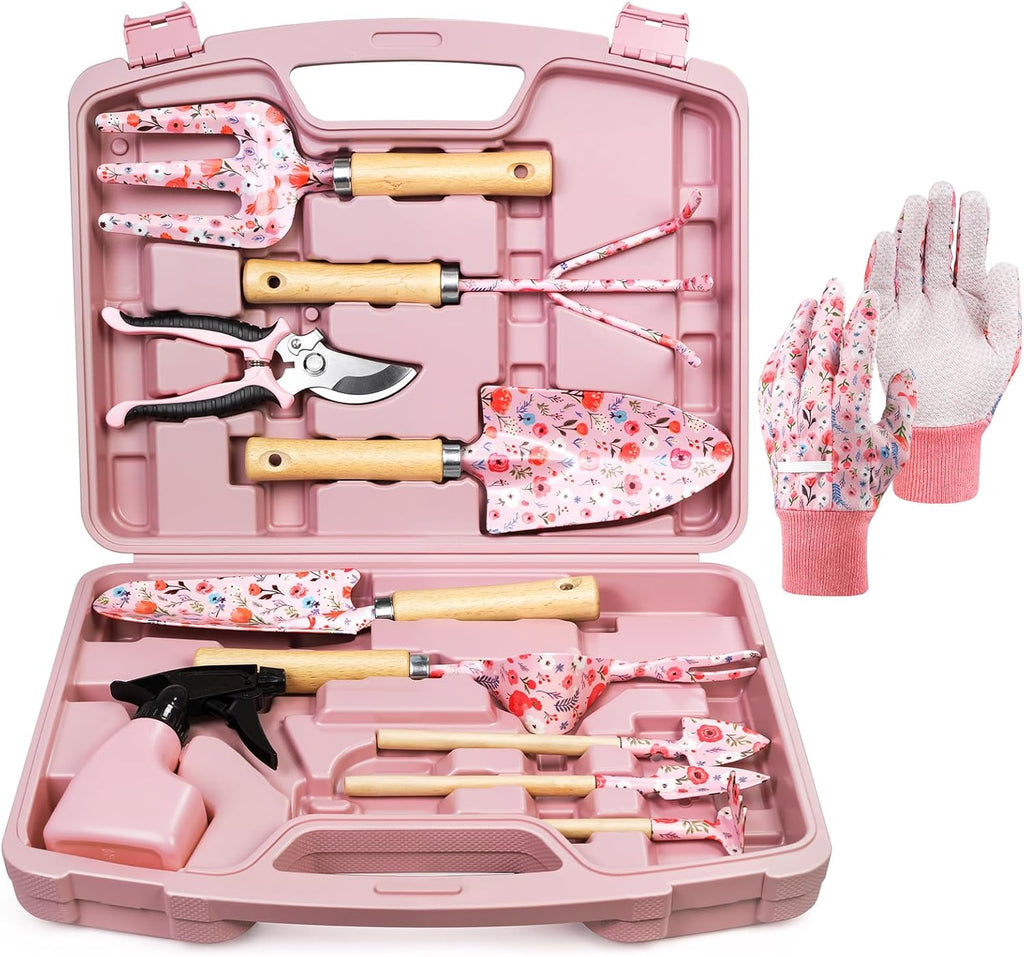 Greenhaus Gardening Premium 12-Piece Floral Garden Tool Set with Hard Carry Case and Wooden Handles