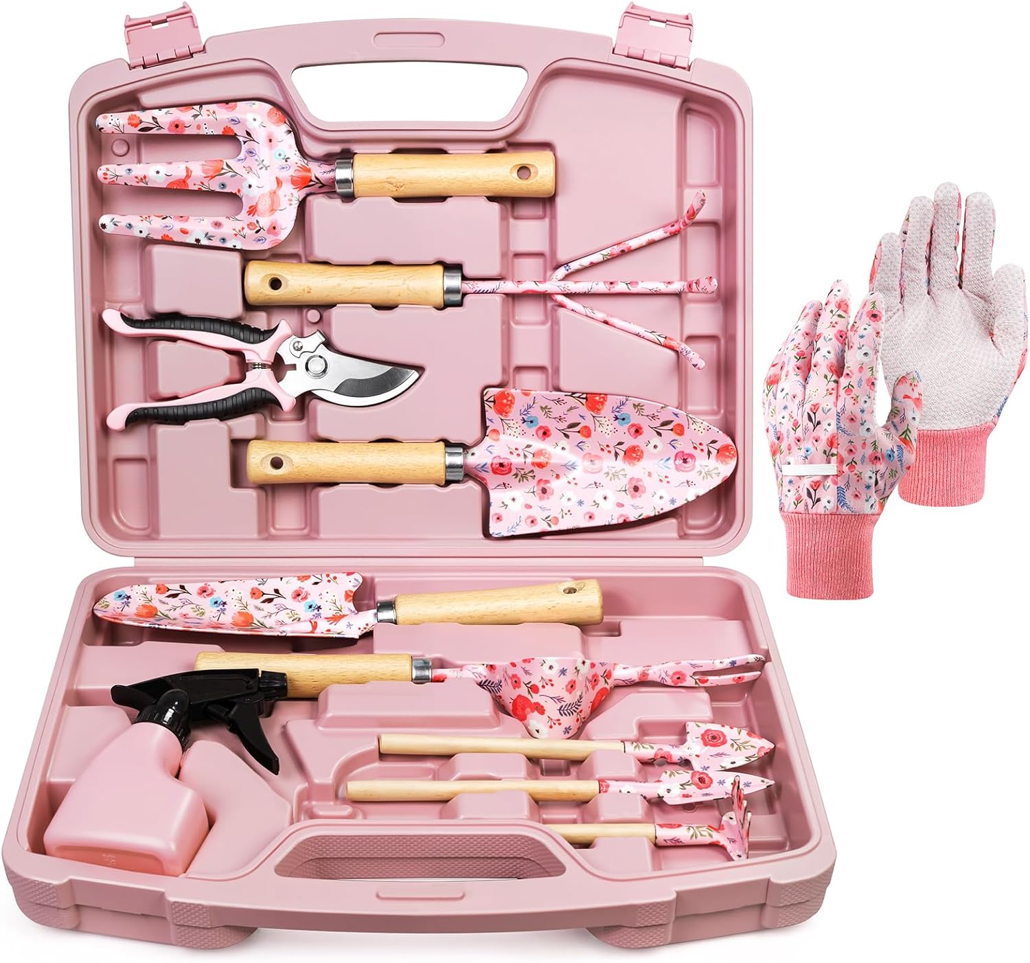 Greenhaus Gardening Premium 12-Piece Floral Garden Tool Set with Hard Carry Case and Wooden Handles