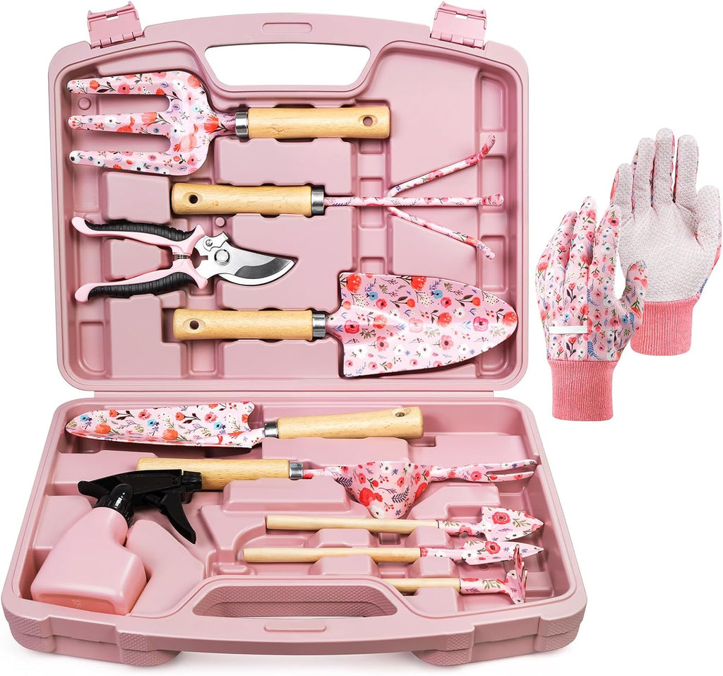 Greenhaus Gardening 12-Piece Garden Tool Set with Wooden Handles & Hard Storage Case