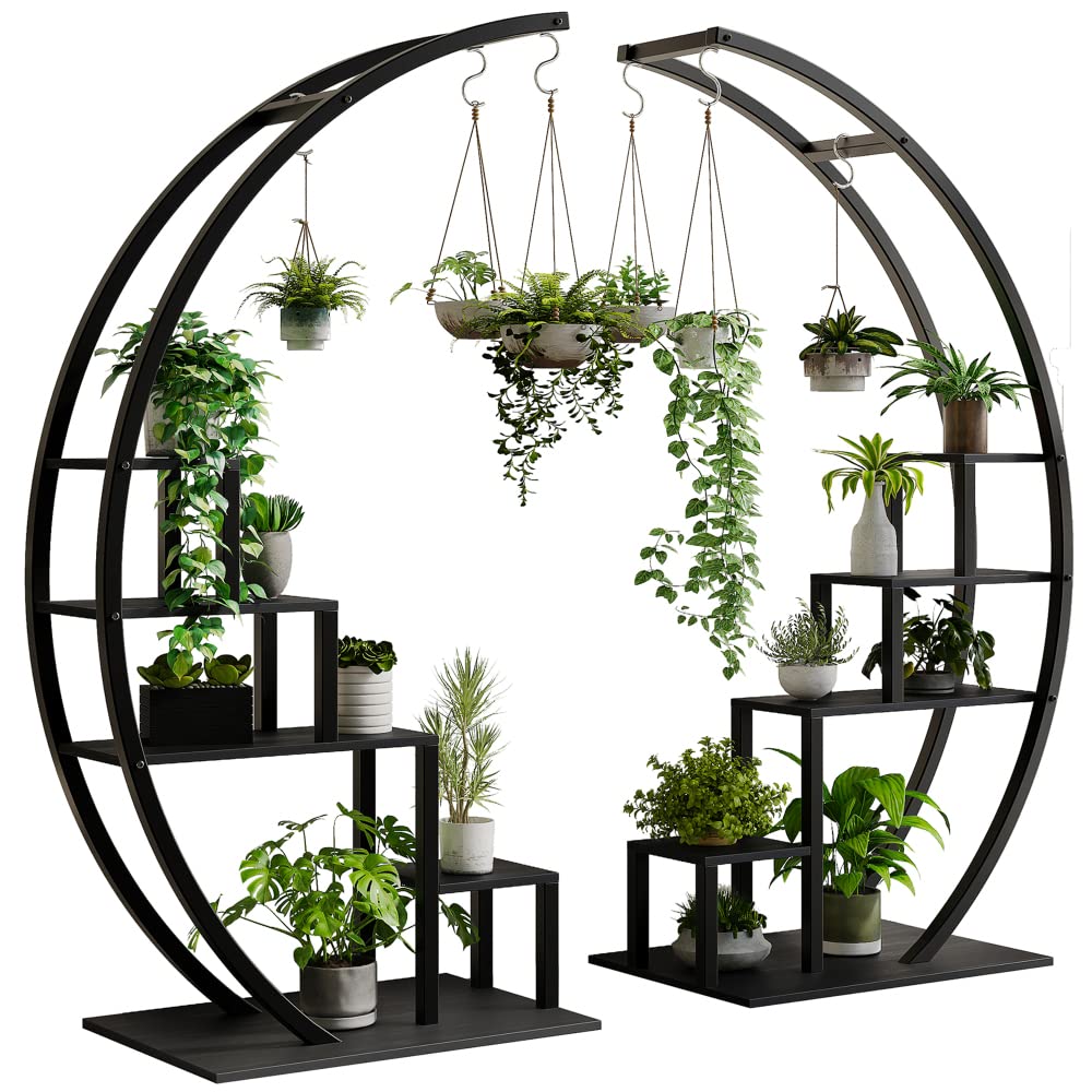 Greenhaus Gardening 5-Tier Curved Metal Plant Stand with 6 Hooks